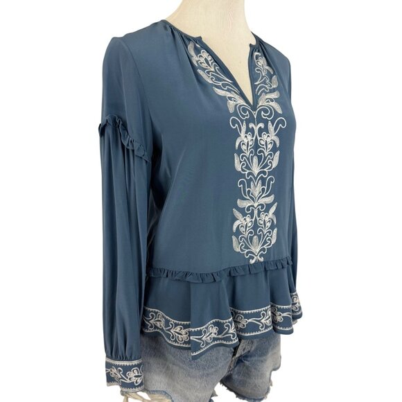 Parker Top Women's Extra Small Embroidered Silk Blouse Long Ruffle Sleeve‎ Blue - Picture 10 of 13